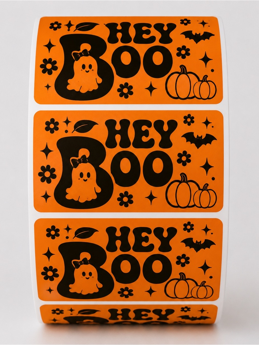 100 Orange Hey Boo Stickers 2x1 Cute Halloween Ghost Pumpkin Packaging Labels